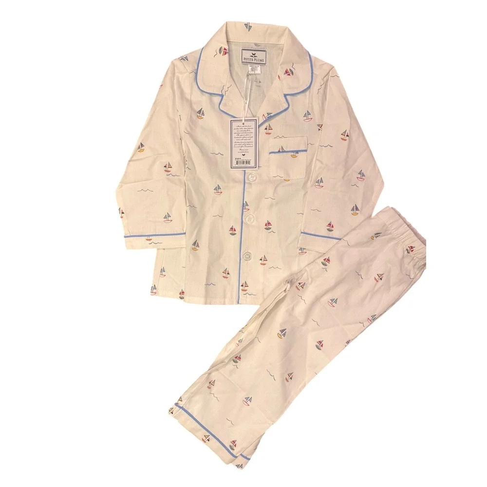 Petite Plume Kids Bateau Classic Pajama Set Sailboat Print White Blue Size 3 NEW